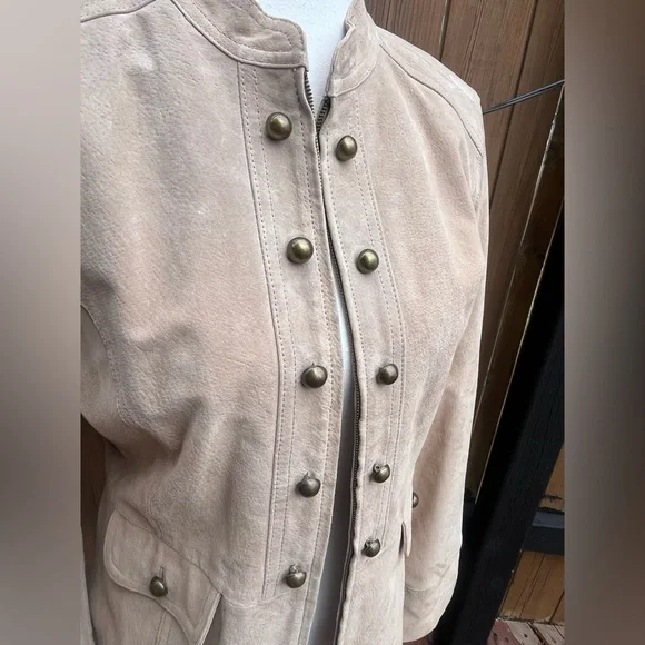 Vintage Suede Women's Tan Military Style Jacket - Picture 3 of 8